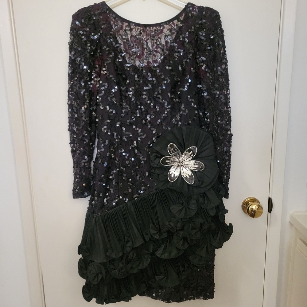 Vintage After Five Black Lace sequenced cocktail dress with ruffled skirt